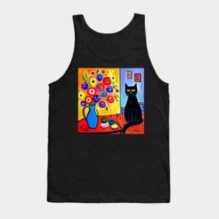 Black Cat with Floral Vase Modern Still Life Painting Tank Top